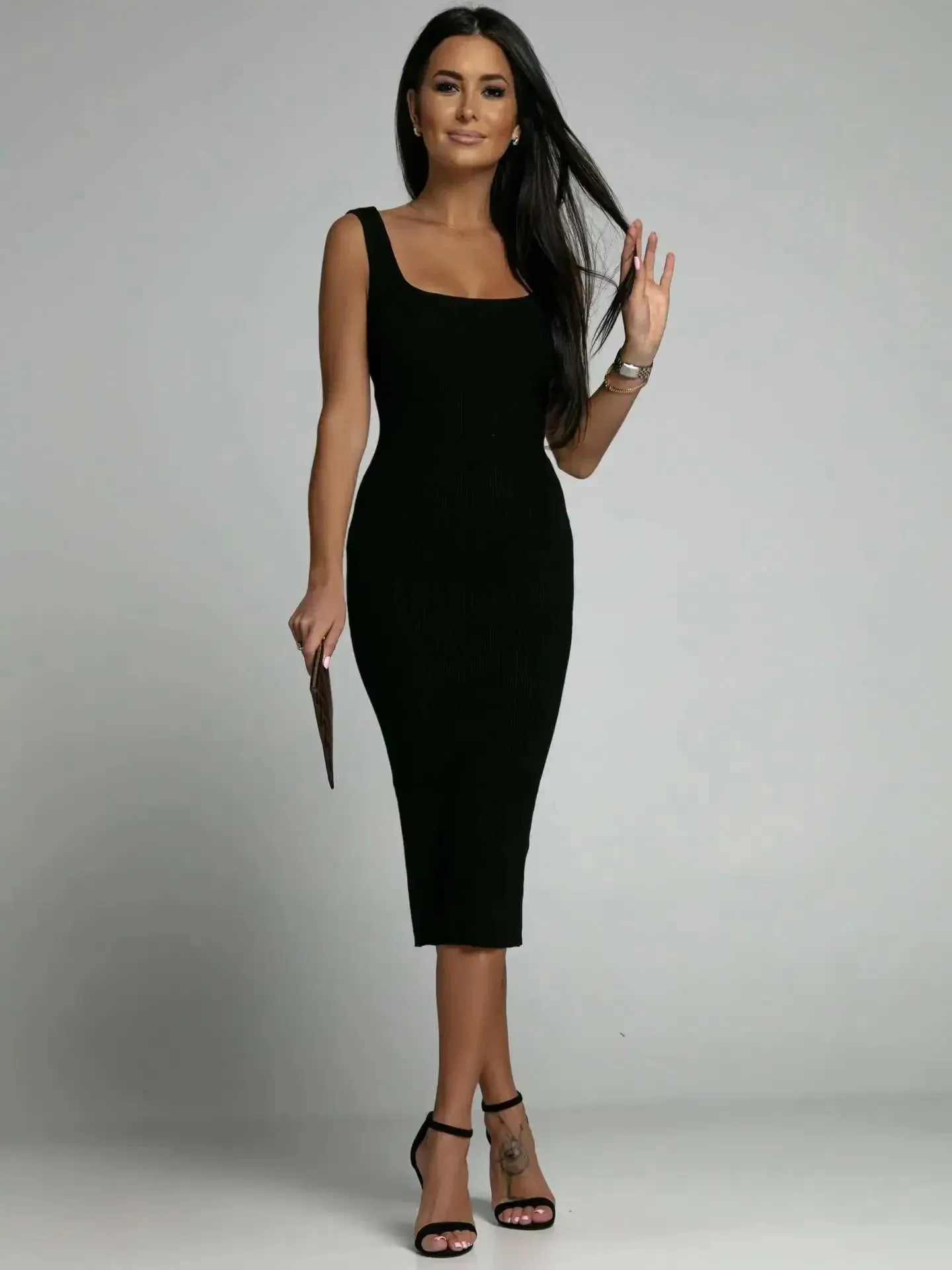 Girlary 2024 New Summer Simple Solid Color Sleeveless U Collar Bag Hip Pit Strip Dress Summer Dress