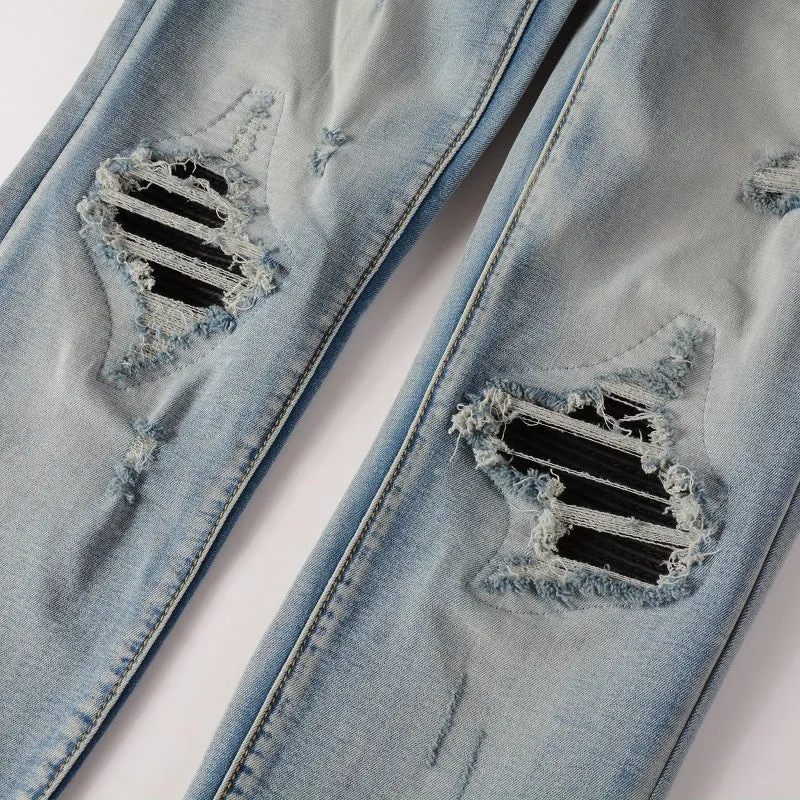 High Street Fashion Brand Light Blue Hole & Patch Stretch Slim Fit Skinny Jeans For Men