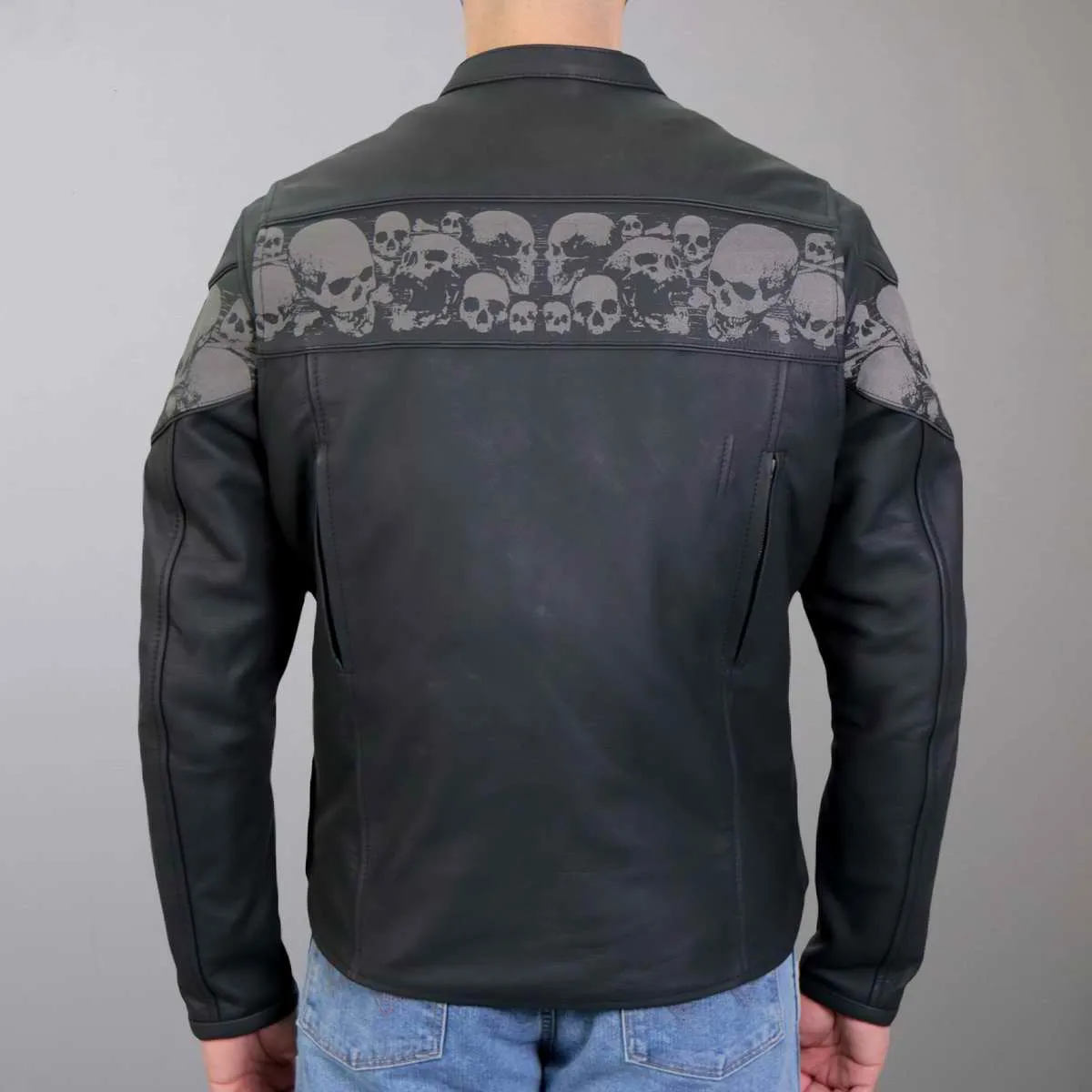 Hot Leathers JKM2002 Mens Black Reflective Skull' Printed Leather Jacket with Concealed Carry Pockets