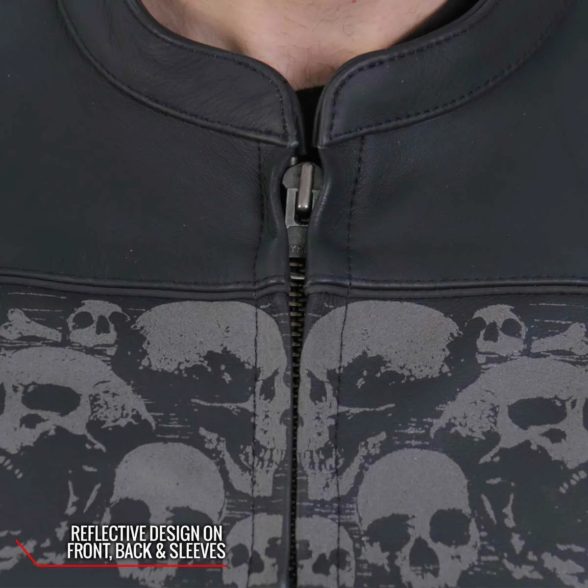 Hot Leathers JKM2002 Mens Black Reflective Skull' Printed Leather Jacket with Concealed Carry Pockets
