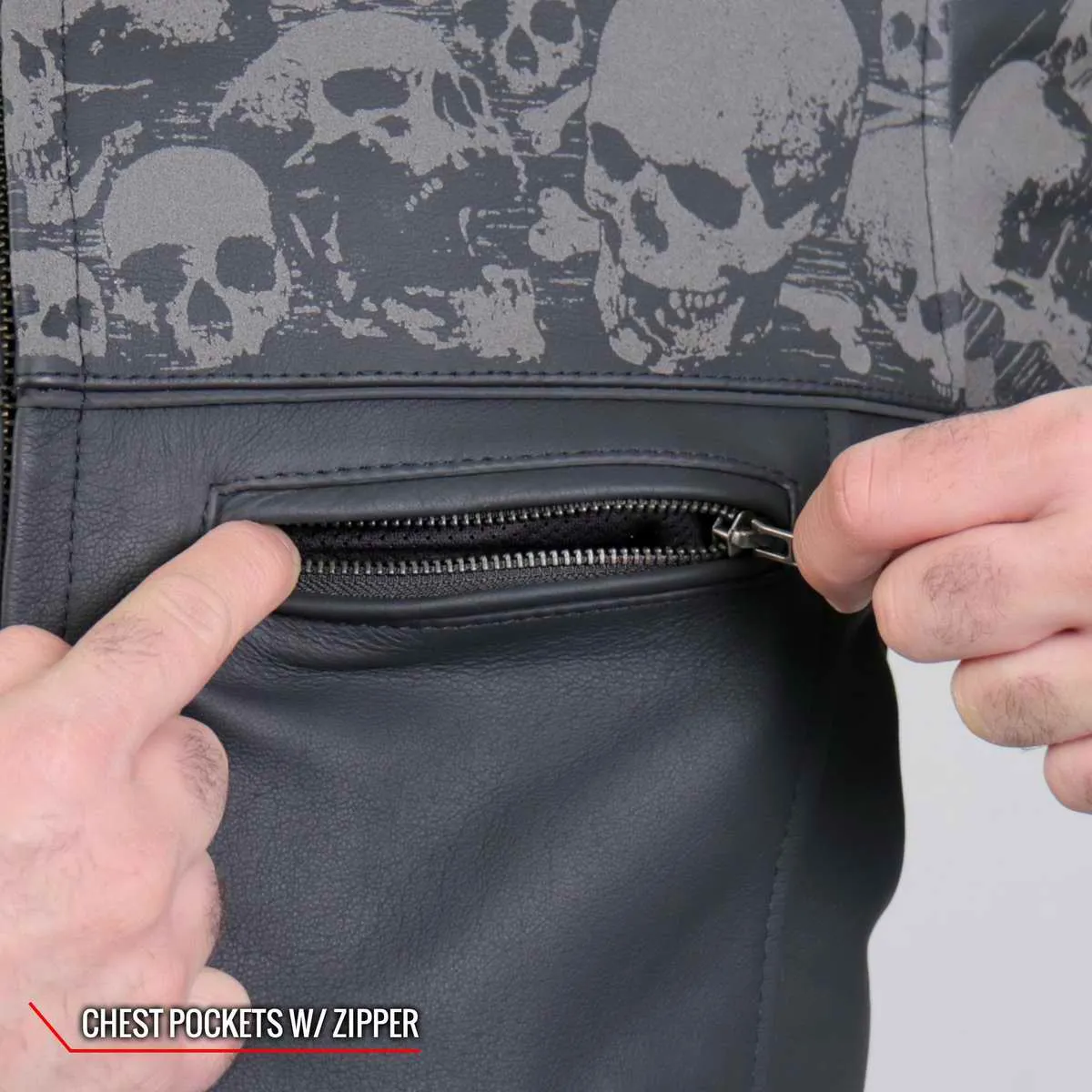 Hot Leathers JKM2002 Mens Black Reflective Skull' Printed Leather Jacket with Concealed Carry Pockets