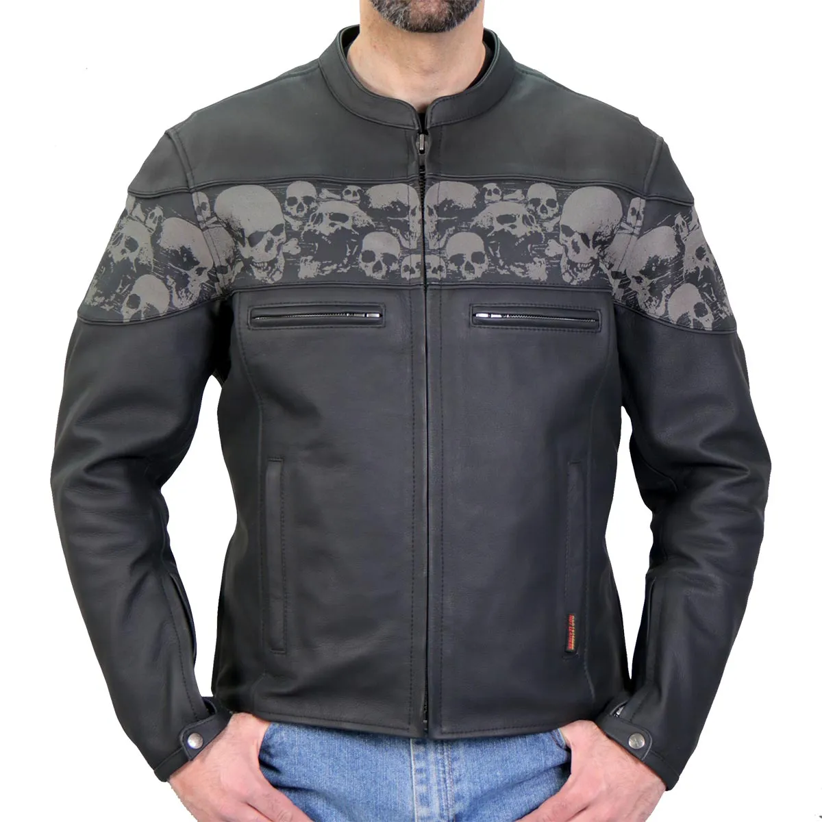 Hot Leathers JKM2002 Mens Black Reflective Skull' Printed Leather Jacket with Concealed Carry Pockets
