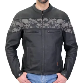 Hot Leathers JKM2002 Mens Black Reflective Skull' Printed Leather Jacket with Concealed Carry Pockets