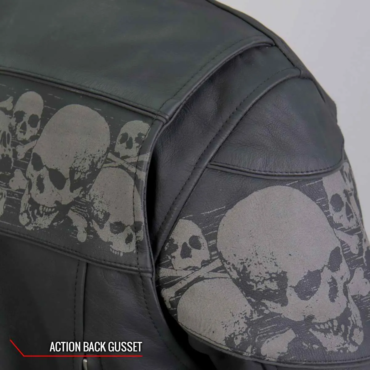 Hot Leathers JKM2002 Mens Black Reflective Skull' Printed Leather Jacket with Concealed Carry Pockets