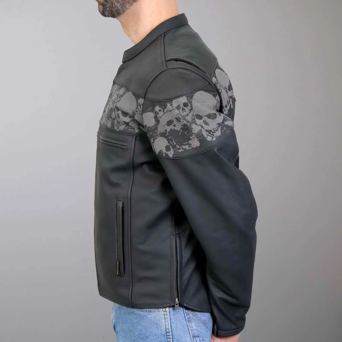 Hot Leathers JKM2002 Mens Black Reflective Skull' Printed Leather Jacket with Concealed Carry Pockets