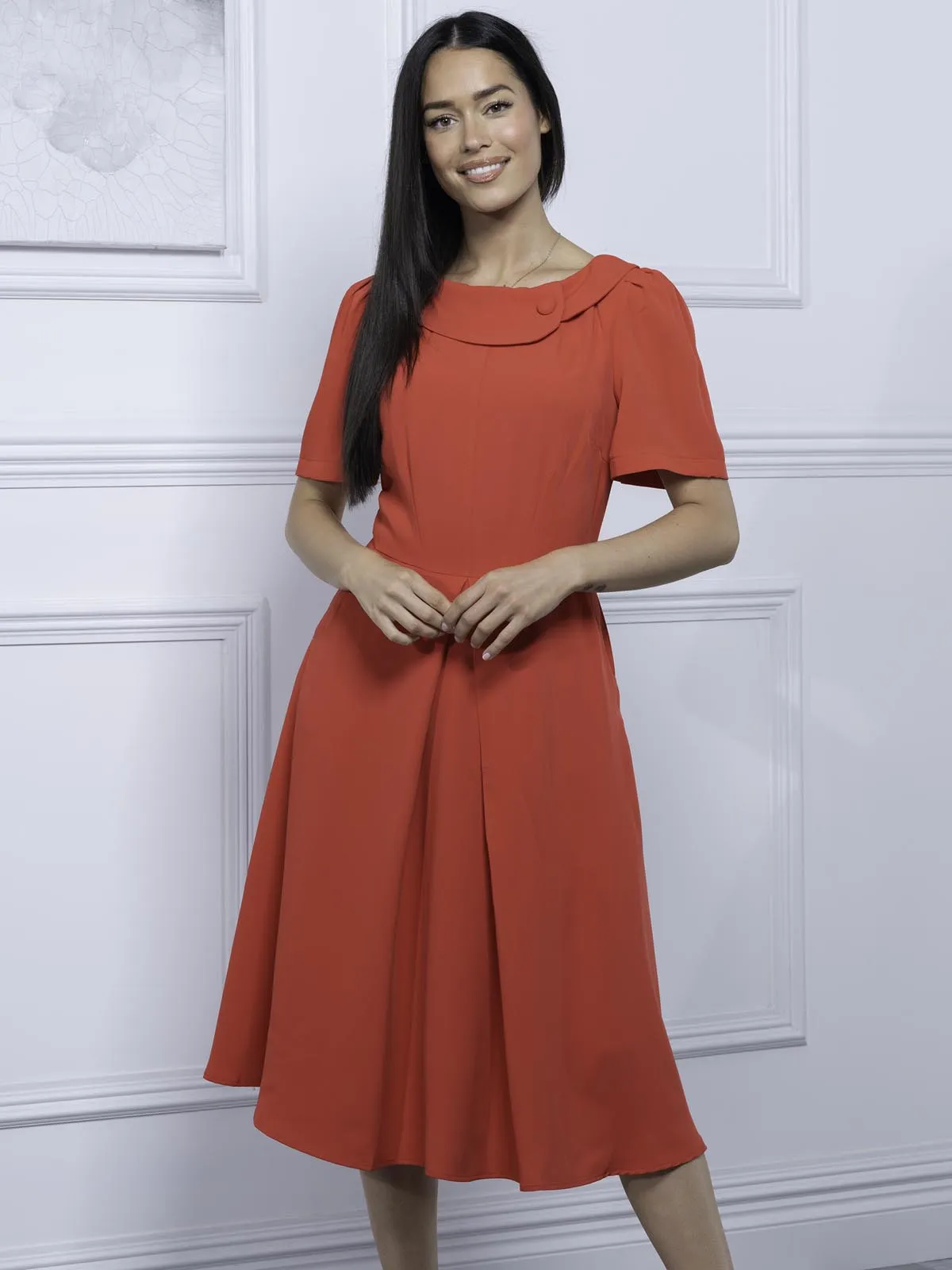 Jolie Moi Debora Button Neck Dress, Red