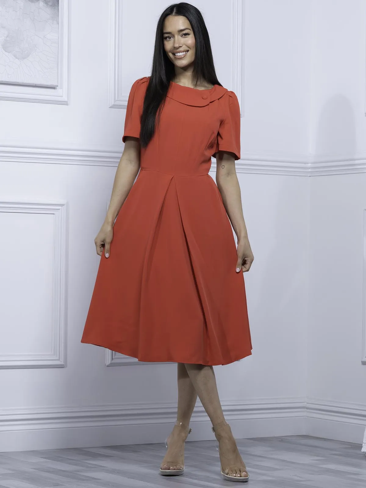 Jolie Moi Debora Button Neck Dress, Red