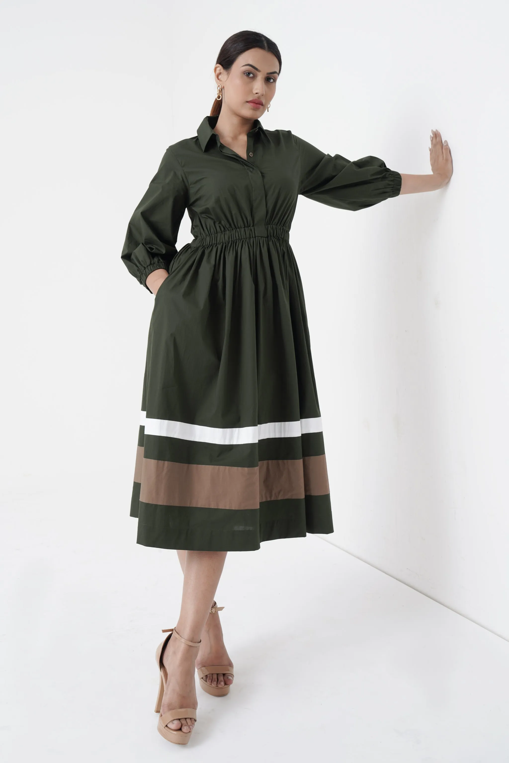 Kosher - Shirt collar waist elastic, two contrast stripe - Green