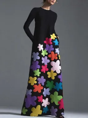 Long Sleeves Asymmetric Floral Round-Neck Maxi Dresses 126041