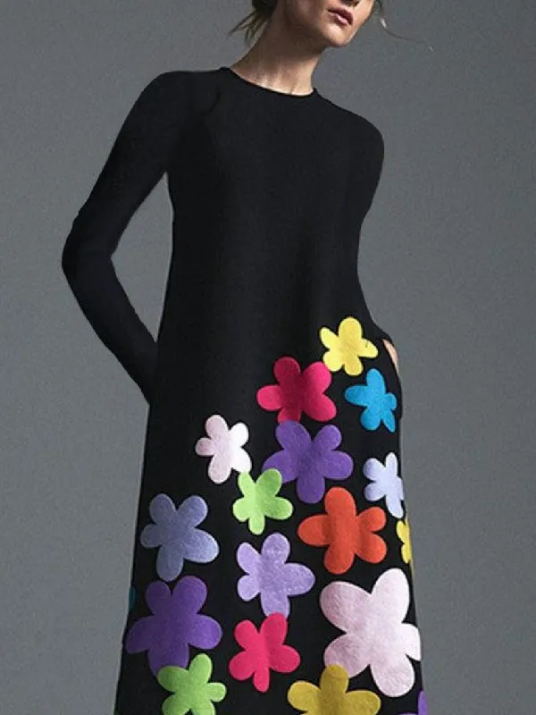 Long Sleeves Asymmetric Floral Round-Neck Maxi Dresses 126041
