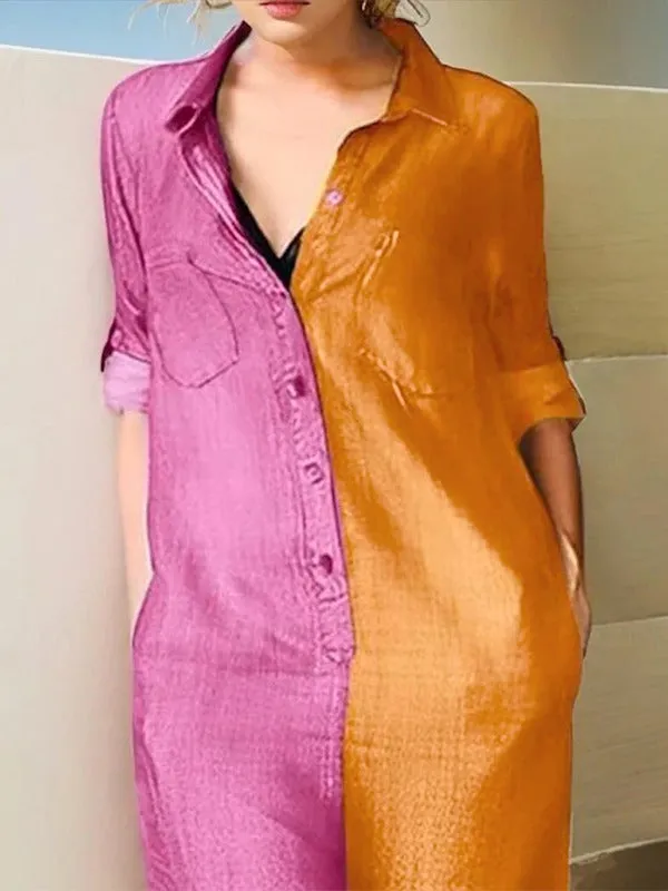 Long Sleeves Loose Buttoned Contrast Color Lapel Collar Maxi Dresses  124787