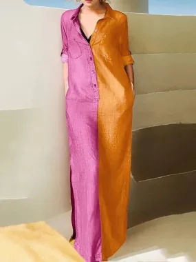 Long Sleeves Loose Buttoned Contrast Color Lapel Collar Maxi Dresses  124787