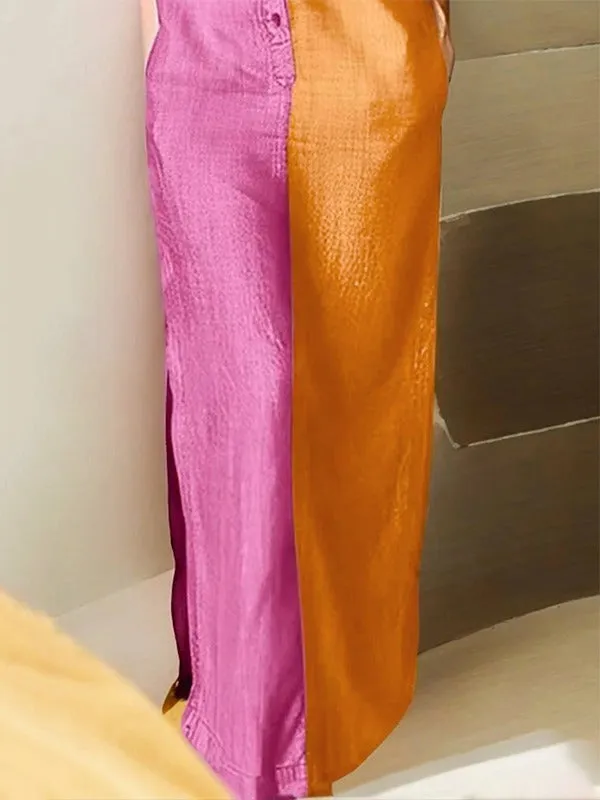 Long Sleeves Loose Buttoned Contrast Color Lapel Collar Maxi Dresses  124787