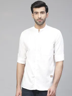 Men White Smart Slim Fit Self Design Smart Casual Shirt