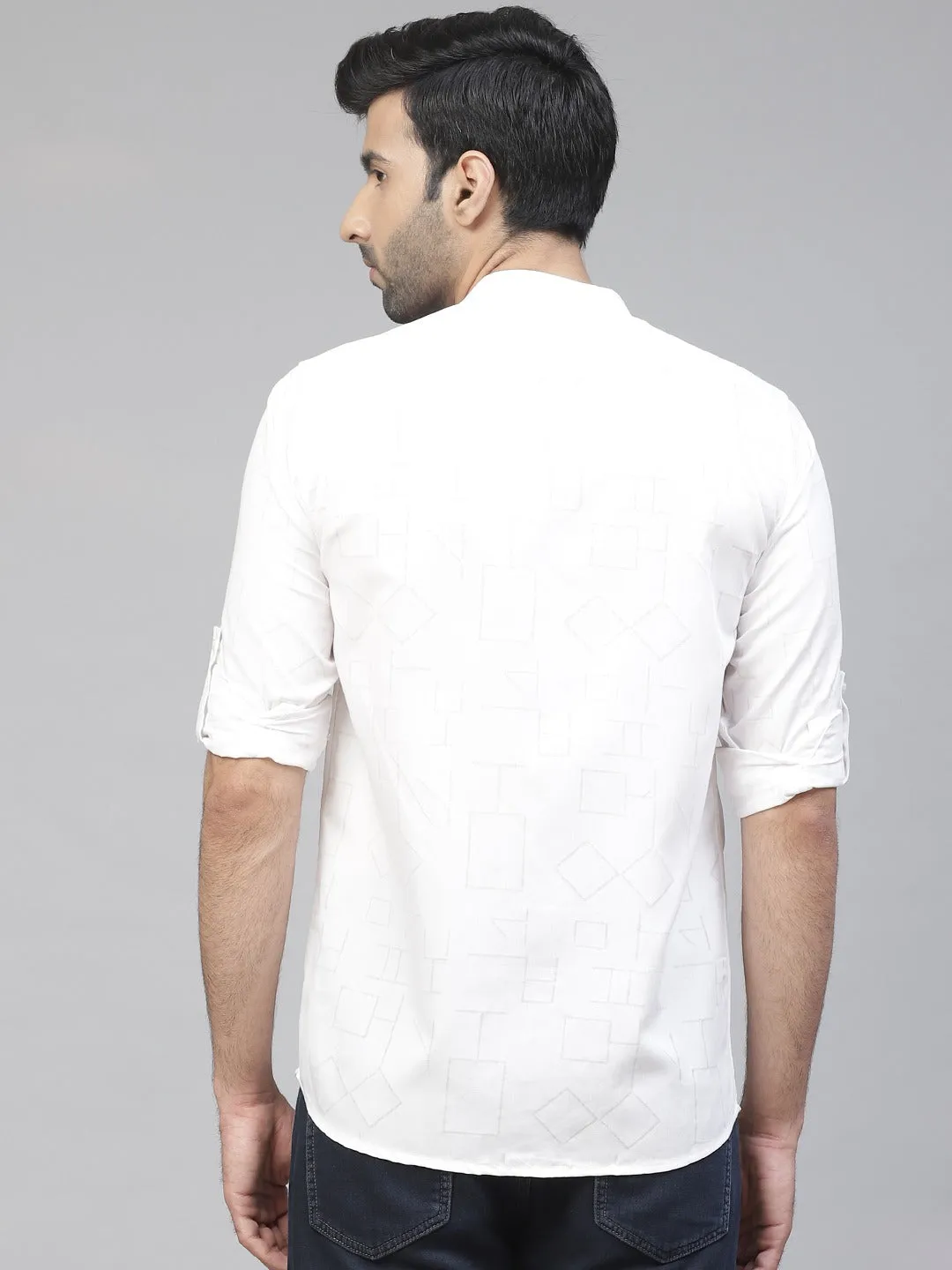 Men White Smart Slim Fit Self Design Smart Casual Shirt