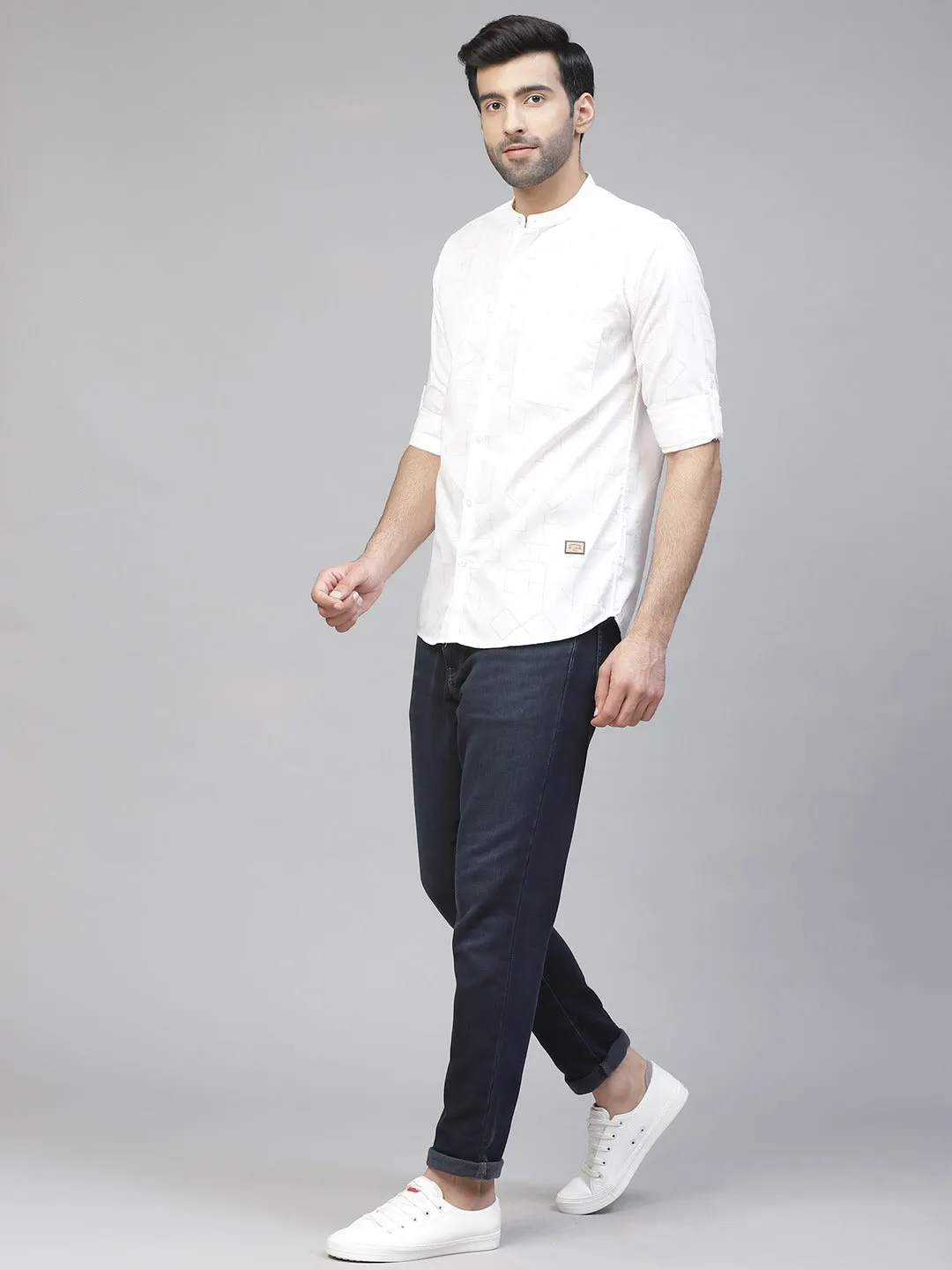 Men White Smart Slim Fit Self Design Smart Casual Shirt