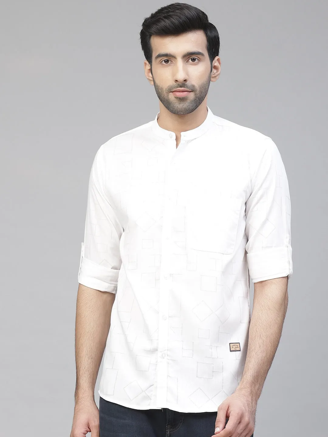 Men White Smart Slim Fit Self Design Smart Casual Shirt
