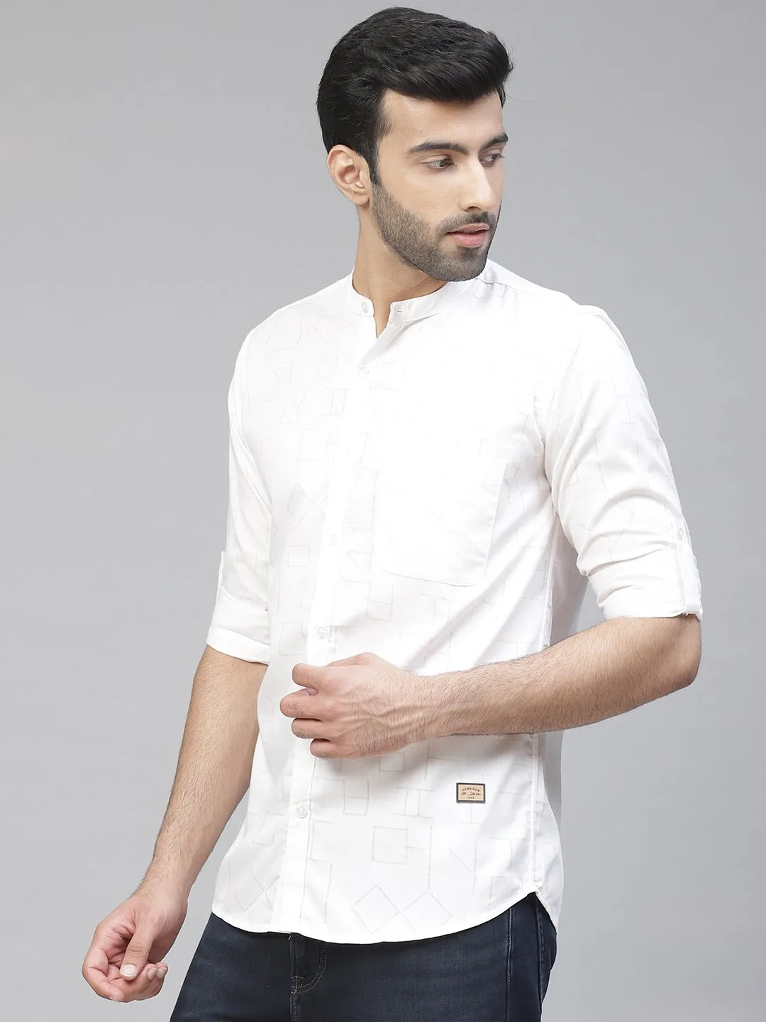 Men White Smart Slim Fit Self Design Smart Casual Shirt