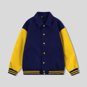 Navy Blue Byron Collar Wool & Leather Varsity Jacket with Gold Sleeves - Jack N Hoods
