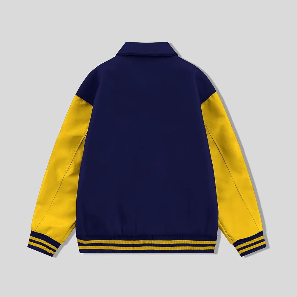 Navy Blue Byron Collar Wool & Leather Varsity Jacket with Gold Sleeves - Jack N Hoods
