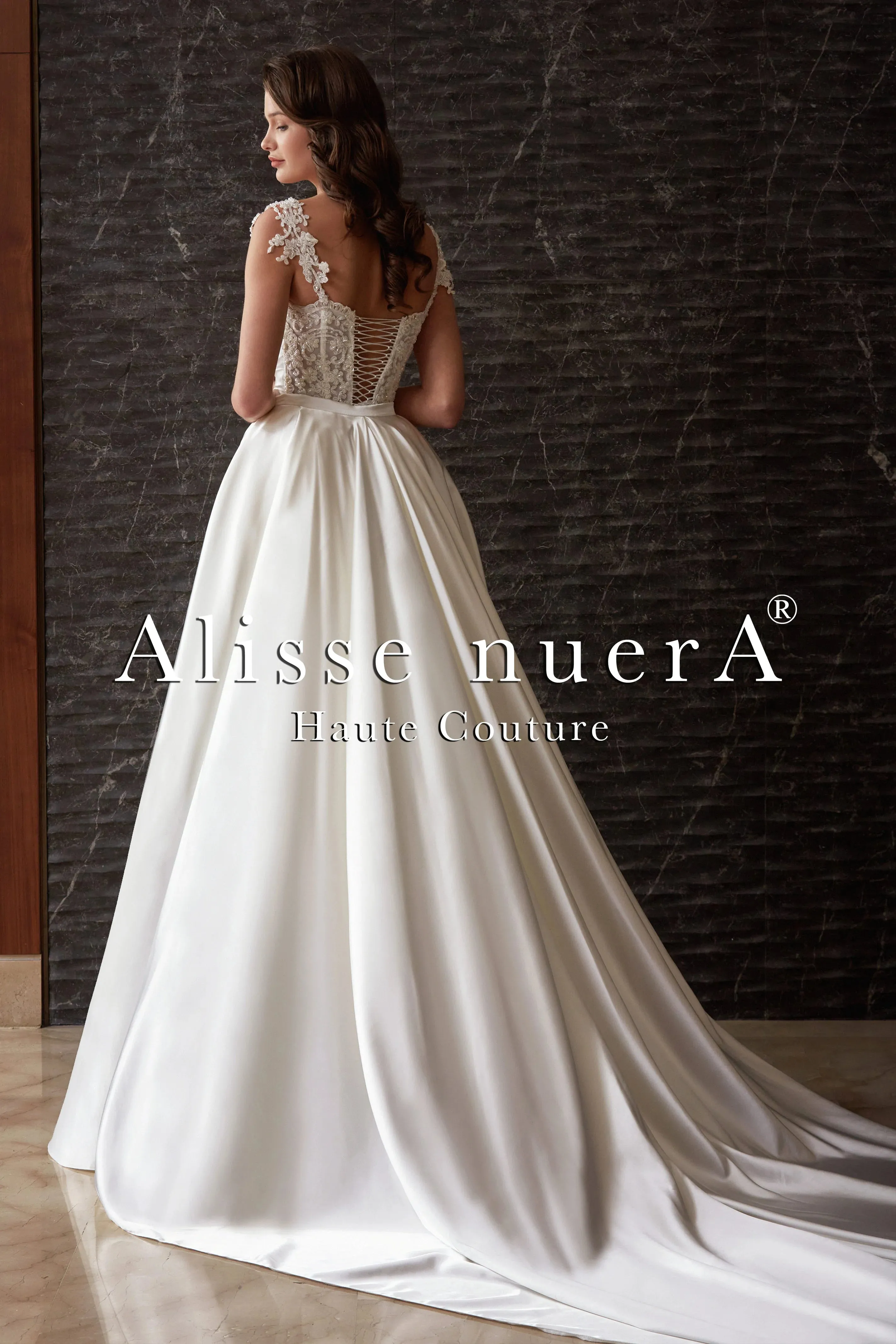 Satin Draped & Applique Lace Wedding Dress Detachable Long Train