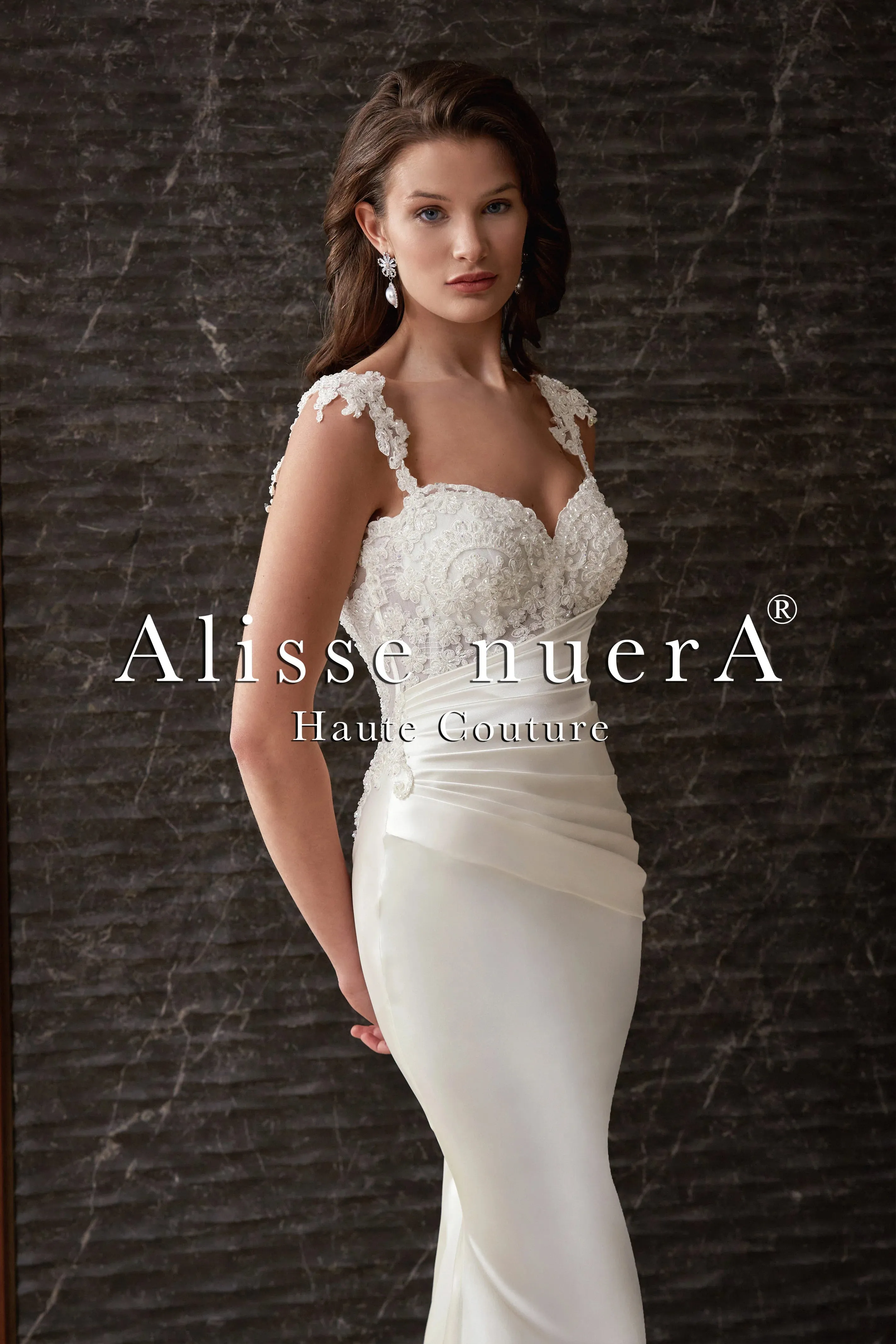 Satin Draped & Applique Lace Wedding Dress Detachable Long Train
