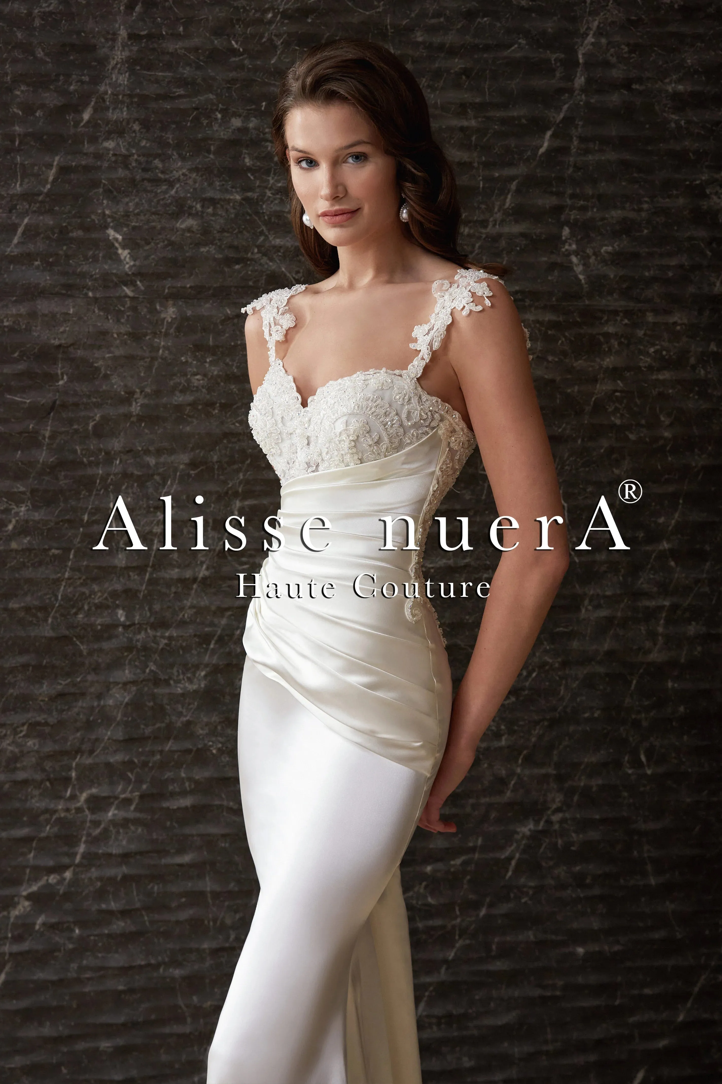 Satin Draped & Applique Lace Wedding Dress Detachable Long Train