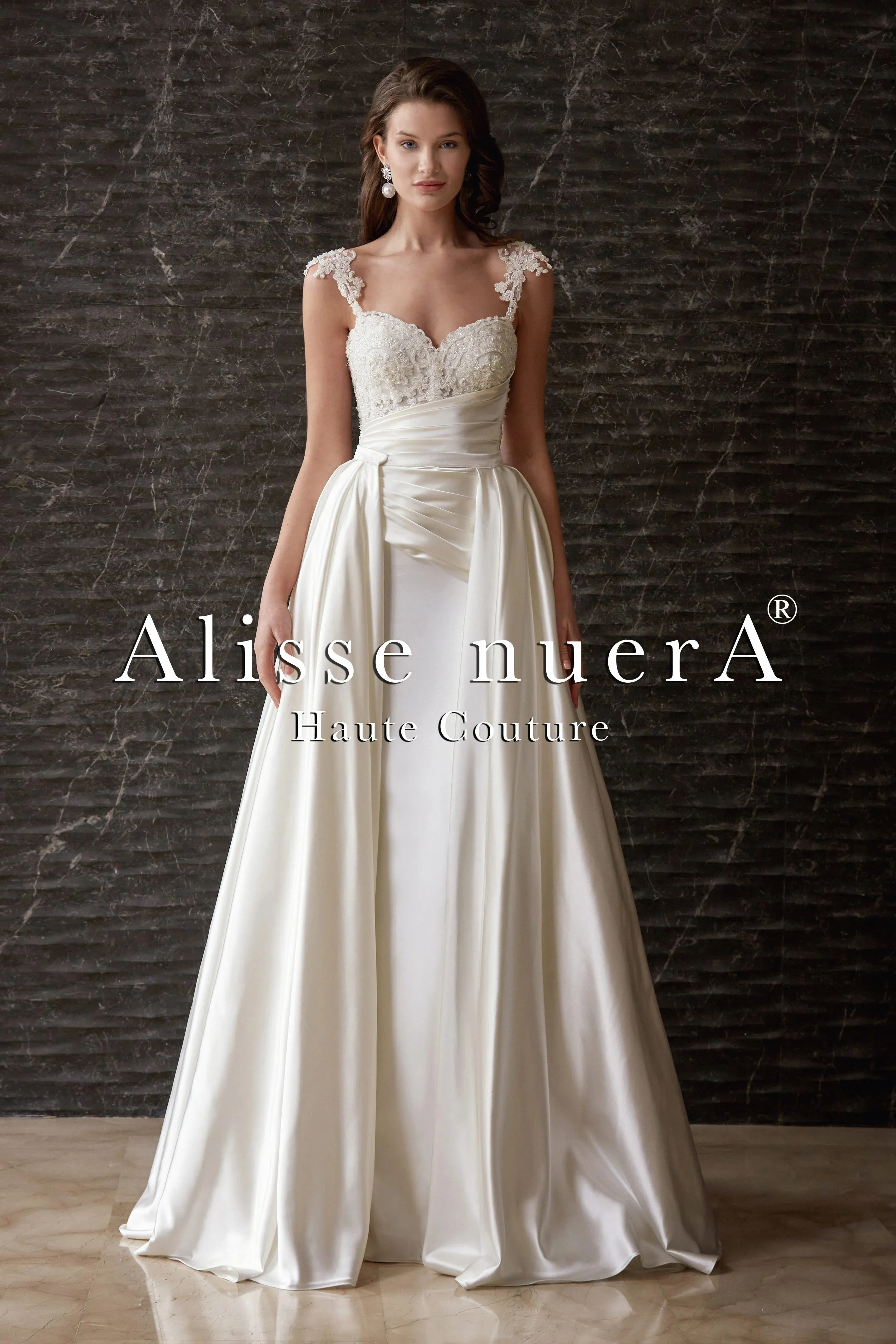 Satin Draped & Applique Lace Wedding Dress Detachable Long Train