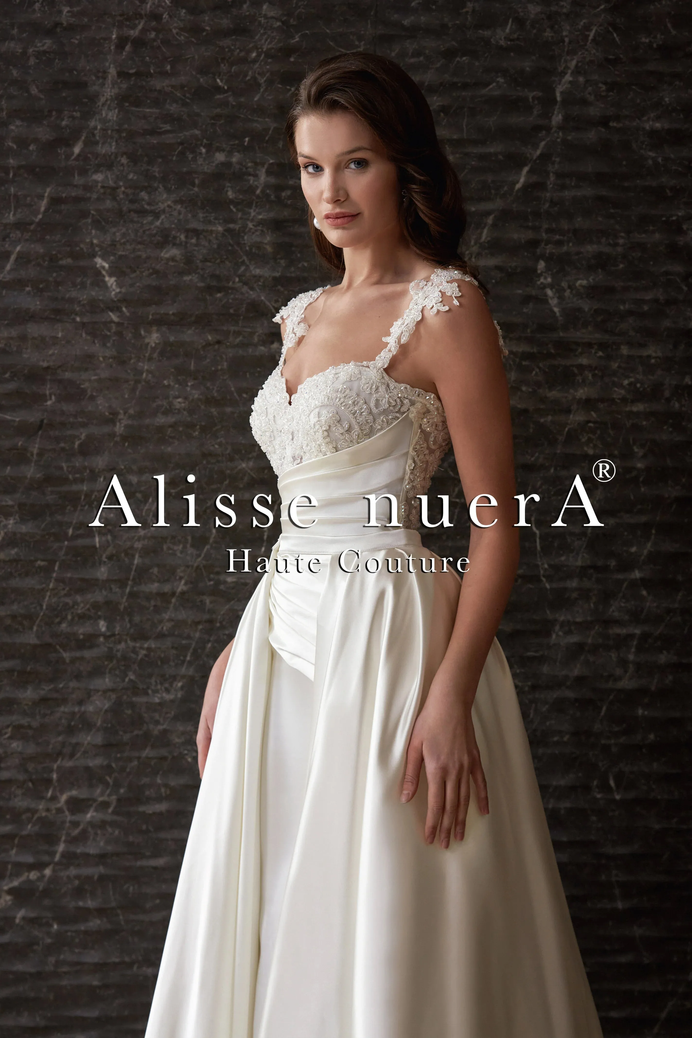 Satin Draped & Applique Lace Wedding Dress Detachable Long Train