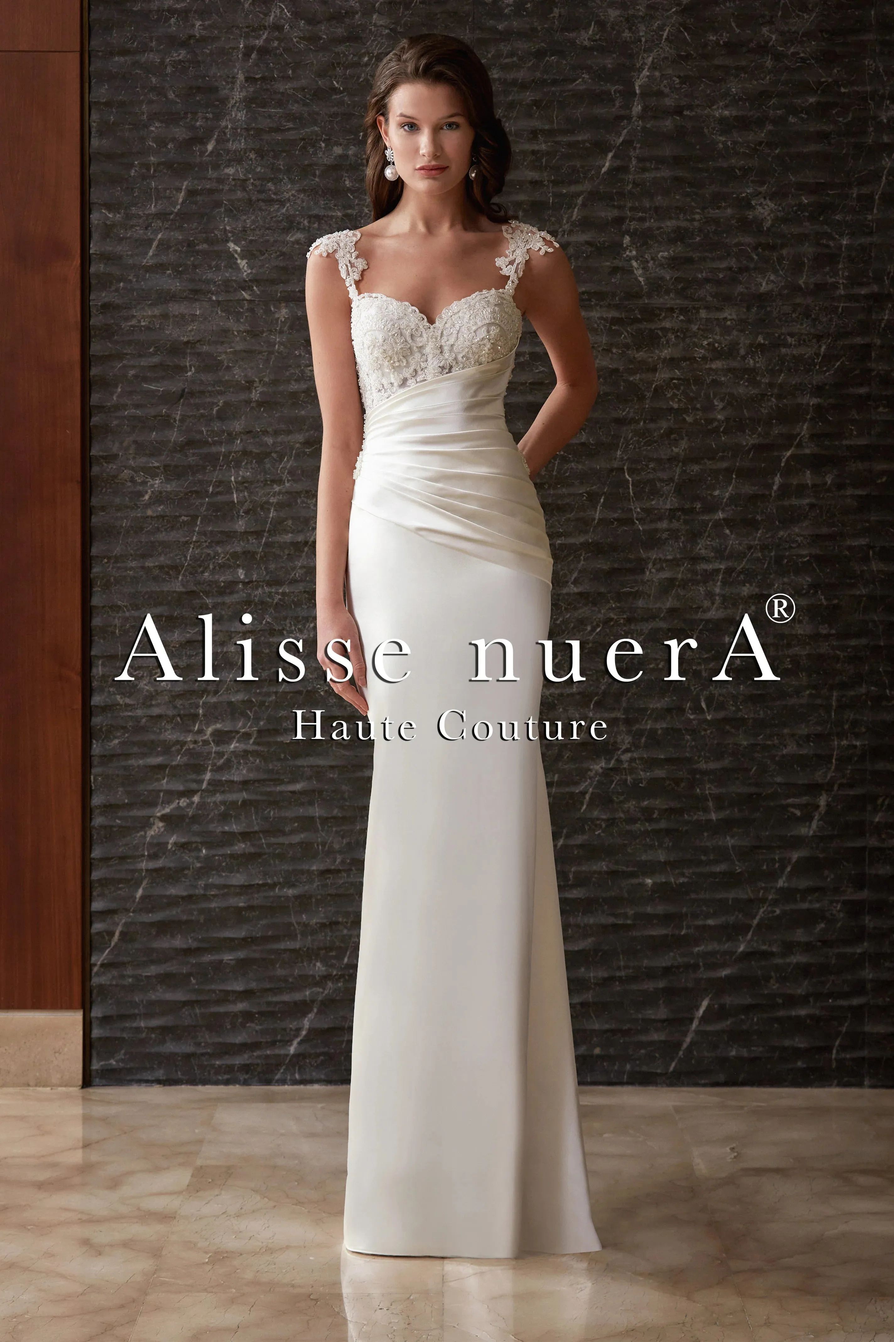 Satin Draped & Applique Lace Wedding Dress Detachable Long Train