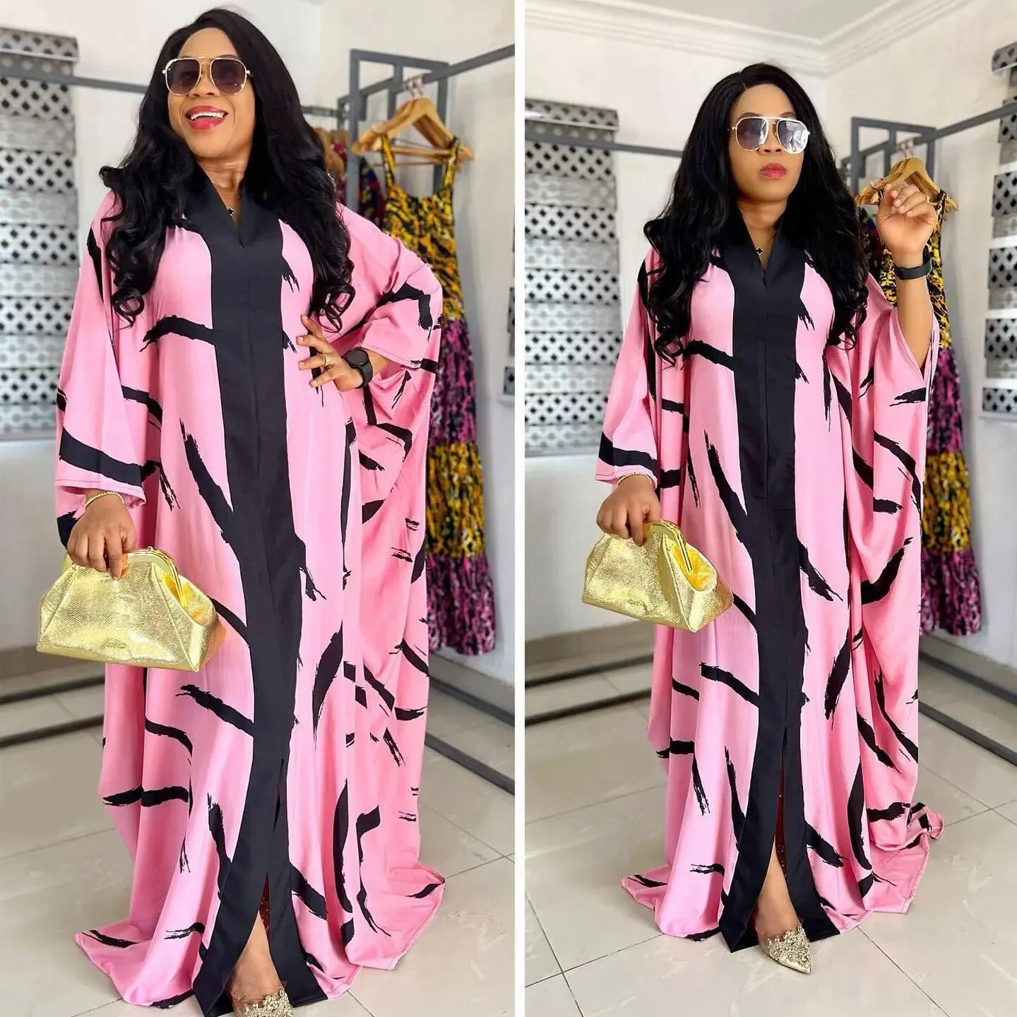 Women's Autumn African Long Sleeve V-neck Plus Long Party Evening Dress
